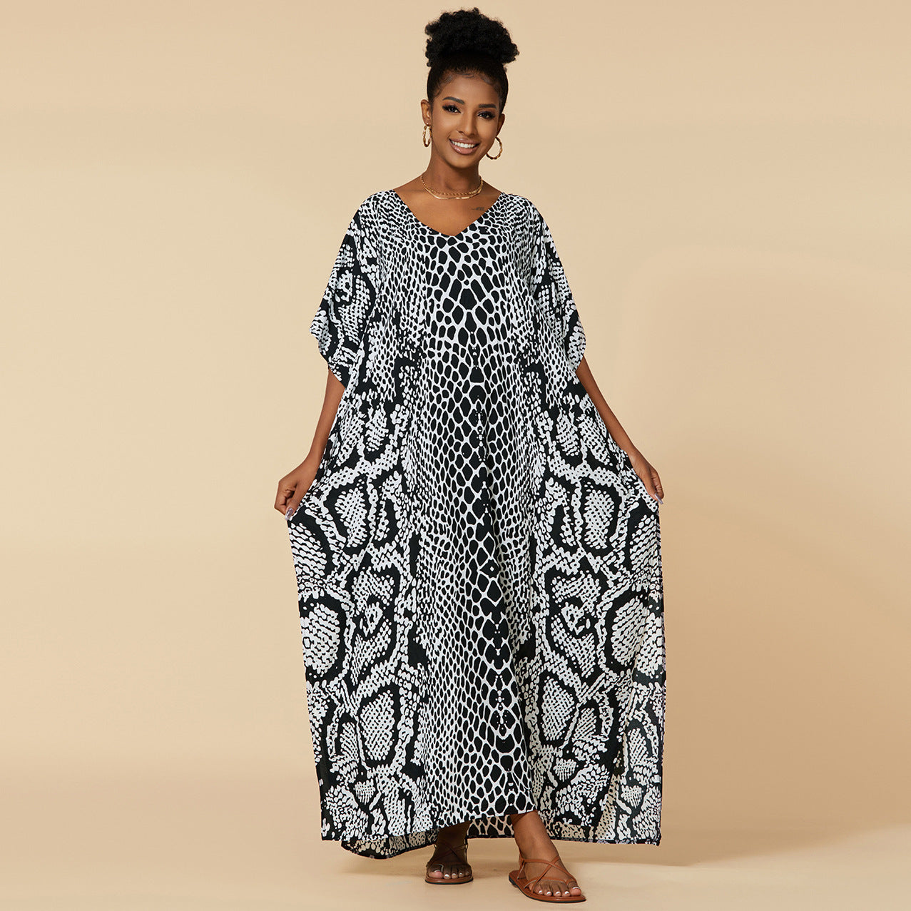 Loose Long Beach Cover Up Rayon Positioning Print Holiday Robe Dress Women